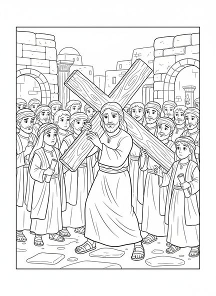 Jesus mit dem Holzkreuz, Ausmalbild der 10. Station des Kreuzwegs für Kinder in der Sonntagsschule im Alter von 5-12 Jahren.