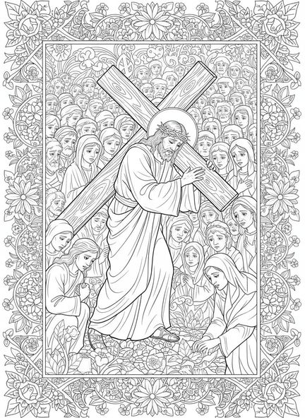 Jesús cargando la cruz, página para colorear de la 11ª Estación de la Cruz en estilo de journaling bíblico para adultos.