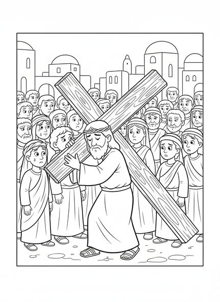 Jesús cargando la cruz, página para colorear de la Estación de la Cruz 11 para niños de 5 a 10 años