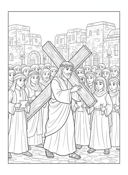 Jesús cargando una cruz de madera, página para colorear de la Estación de la Cruz 11 para niños de la Escuela Dominical de 5 a 12 años.