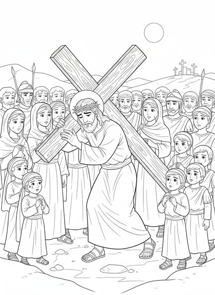 Jesús cargando la cruz, página para colorear de la Estación de la Cruz 12 para niños de 5 a 10 años