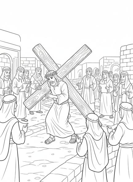 Jesús cargando la cruz, página para colorear de la Estación 12 de la Cruz para niños de la Escuela Dominical de 5 a 12 años.