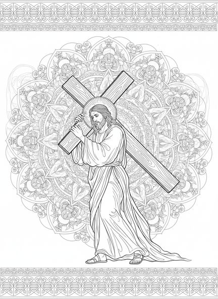 Jésus portant la croix, page à colorier des Stations de la Croix 13 pour adultes dans un style de journal biblique.