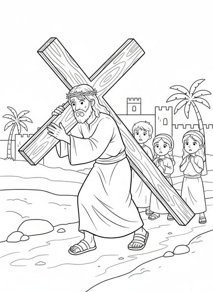 Jésus portant la croix, page à colorier des Stations de la Croix pour enfants de 5 à 10 ans