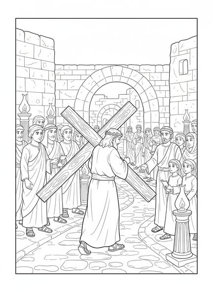 Jésus portant la croix, page à colorier des Stations de la Croix 13 pour les enfants de l'École du dimanche âgés de 5 à 12 ans