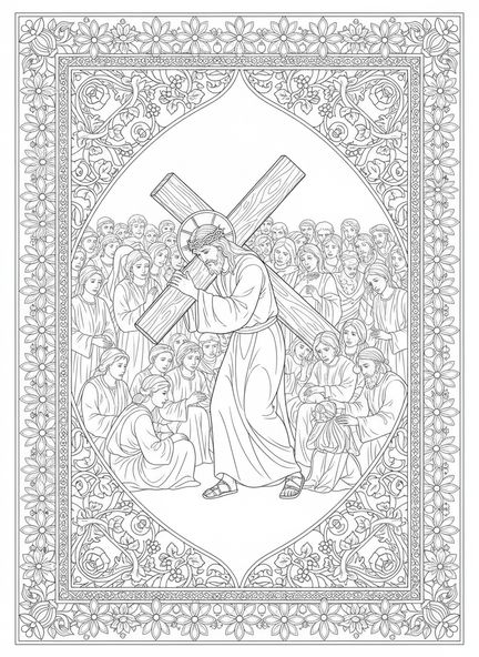 Jesús cargando la cruz, página para colorear de las 14 estaciones de la cruz estilo journaling bíblico para adultos