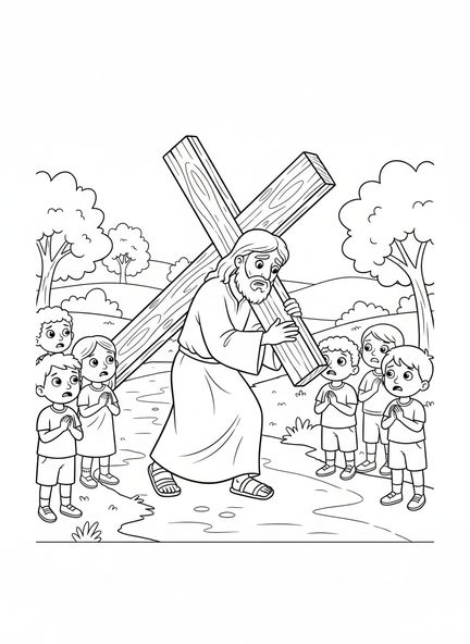 Jesús cargando la cruz, página para colorear de las 14 estaciones de la cruz para niños de 5 a 10 años