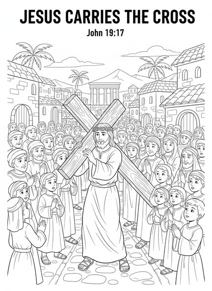 Jesús cargando la cruz, página para colorear de las 14 estaciones de la cruz para niños de la Escuela Dominical de 5 a 12 años.