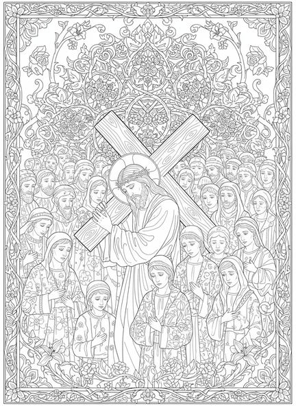 Jésus portant la croix, page à colorier Stations de la Croix 2 pour adultes dans un style de journal biblique.