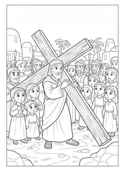 Jesús cargando una cruz, página para colorear de las Estaciones de la Cruz 2 para niños de 5 a 10 años.