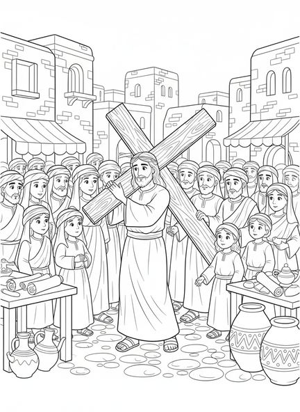 Jésus portant une croix, page à colorier Stations de la Croix 2 pour les enfants de l'École du dimanche âgés de 5 à 12 ans.