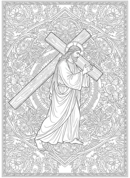 Jésus portant la croix, page à colorier des Stations de la Croix 3 pour adultes dans un style de journal biblique.