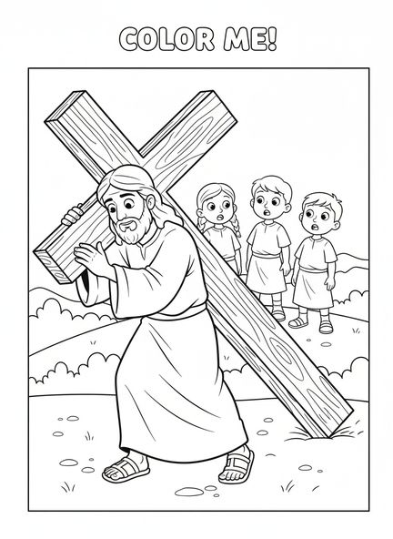 Jesus trägt ein Kreuz, Ausmalbild der 3. Station des Kreuzwegs für Kinder im Alter von 5-10 Jahren