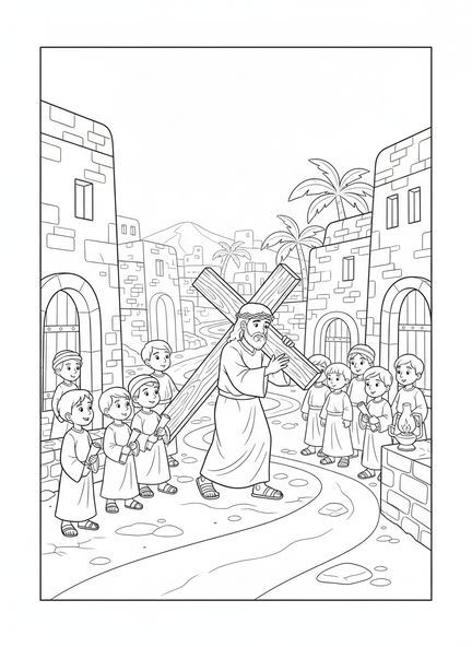 Jesus trägt das Kreuz, Ausmalbild der 3. Station des Kreuzwegs für Kinder im Religionsunterricht im Alter von 5-12 Jahren.