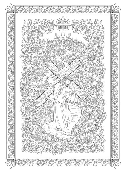 Jésus portant la croix, page à colorier des Stations de la Croix 4 pour adultes dans un style de journal biblique.