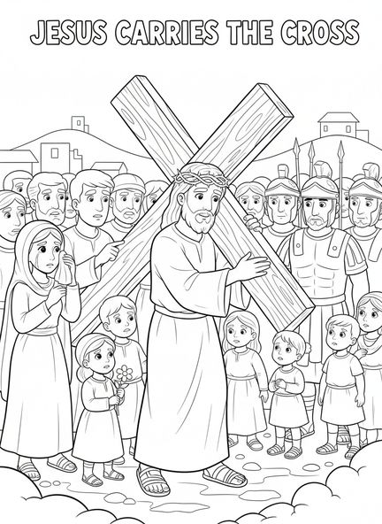 Jesus trägt ein hölzernes Kreuz, Ausmalbild der 4. Station des Kreuzwegs für Kinder im Alter von 5-10 Jahren.