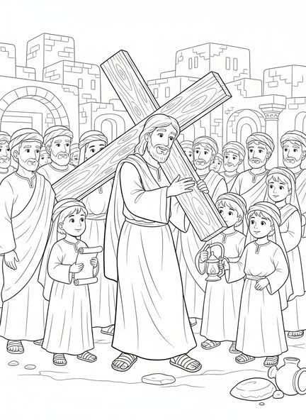 Jesus trägt ein hölzernes Kreuz, Ausmalbild Stationen des Kreuzes 4 für Sonntagsschulkinder im Alter von 5-12 Jahren.