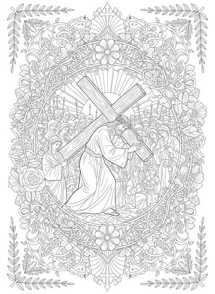 Jésus portant la croix, page à colorier des Stations de la Croix 5 pour adultes dans un style de journal biblique.