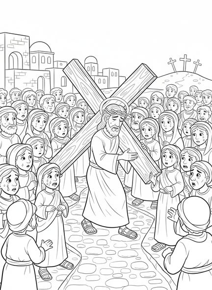 Jesus trägt ein Kreuz, Ausmalbild der 5. Station des Kreuzwegs für Kinder im Alter von 5-10 Jahren