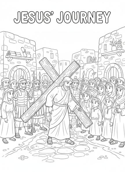 Jesus trägt das Kreuz, Ausmalbild der 5. Station des Kreuzwegs für Sonntagsschulkinder im Alter von 5-12 Jahren