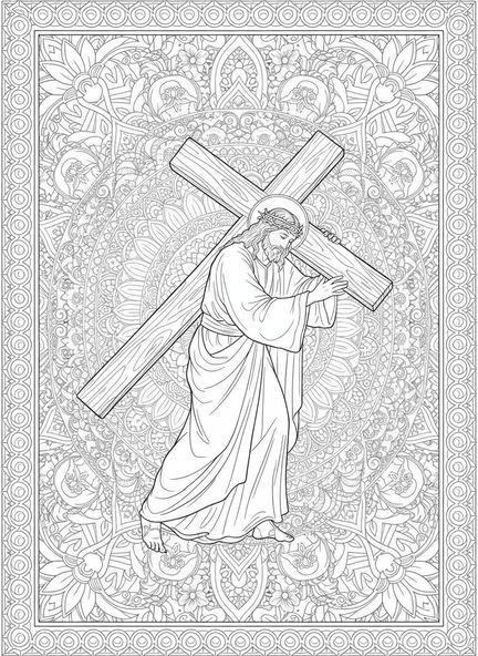 Jesús cargando la cruz, página para colorear de la Estación de la Cruz 6 en estilo de journaling bíblico para adultos.