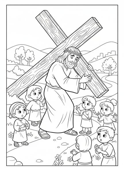 Jesus trägt das Kreuz, Ausmalbild der 6. Station des Kreuzwegs für Kinder im Alter von 5-10 Jahren.