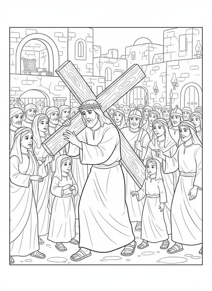 Jesus trägt ein hölzernes Kreuz, Ausmalbild der 6. Station des Kreuzwegs für Kinder in der Sonntagsschule im Alter von 5-12 Jahren.