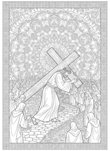Jésus portant une croix, page à colorier des Stations de la Croix 7 pour adultes dans un style de journal biblique.