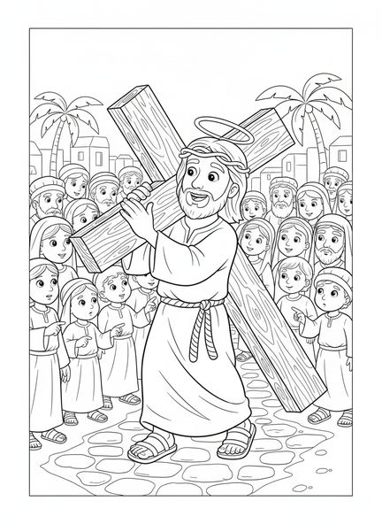 Karikatur von Jesus, der ein Kreuz trägt, Ausmalbild der 7. Station des Kreuzwegs für Kinder im Alter von 5-10 Jahren.
