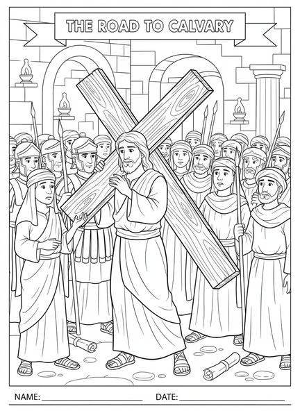 Jesus trägt das Kreuz, Ausmalbild der 7. Station des Kreuzwegs für Kinder in der Sonntagsschule im Alter von 5-12 Jahren.