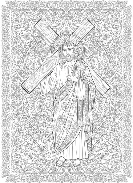 Jésus portant la croix, page à colorier des Stations de la Croix 8 pour adultes dans un style de journal biblique.