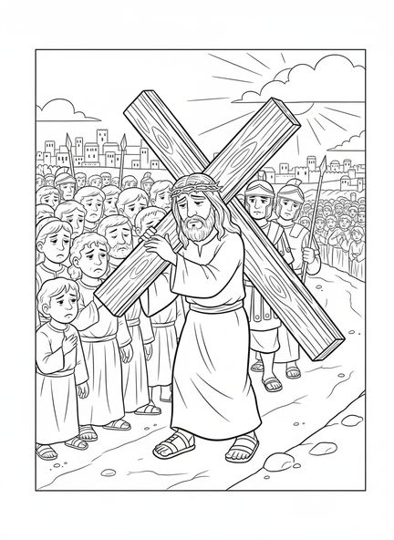 Jesus trägt das Kreuz, Ausmalbild der 8. Station des Kreuzwegs für Kinder im Alter von 5-10 Jahren.