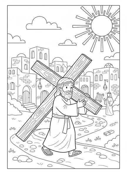 Jesus trägt das Kreuz, Ausmalbild der 8. Station des Kreuzwegs für Kinder in der Sonntagsschule im Alter von 5-12 Jahren.