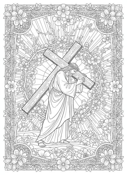 Jésus portant la croix, page à colorier des Stations de la Croix 9 pour adultes dans un style de journal biblique.