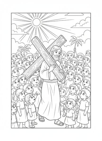 Jésus portant la croix, page à colorier des Stations de la Croix 9 pour les enfants de 5 à 10 ans.