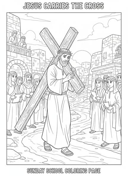 Jésus portant la croix, page à colorier des Stations de la Croix 9 pour les enfants de l'École du dimanche âgés de 5 à 12 ans.