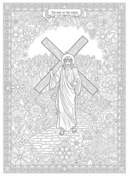Jesus trägt das Kreuz, Ausmalbild der Kreuzwegstationen im Stil des Bibel-Journalings für Erwachsene.