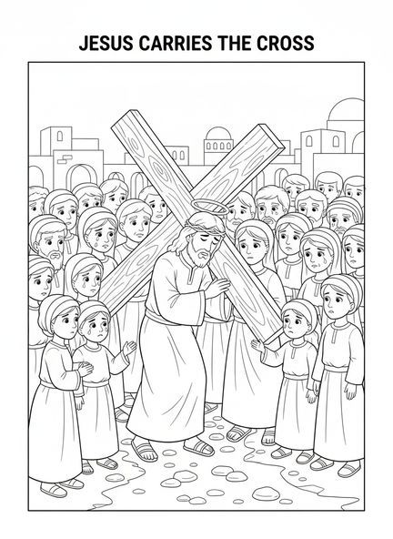 Jesus trägt das Kreuz, Ausmalbild der Kreuzwegstationen für Kinder im Alter von 5-10 Jahren.
