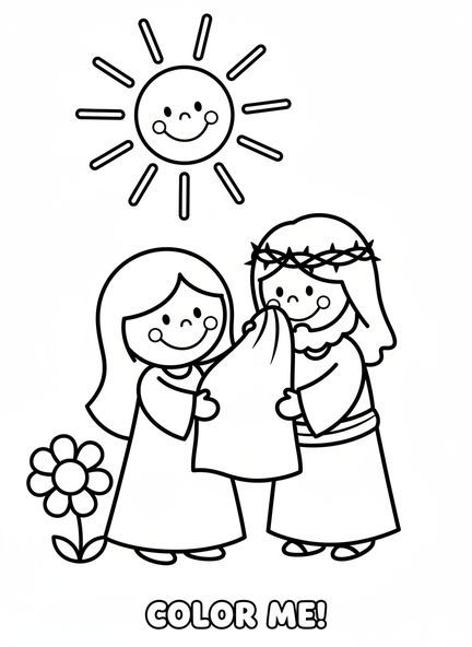 Verónica sonriente con un paño, página para colorear de las Estaciones de la Cruz para niños de 3 a 5 años.