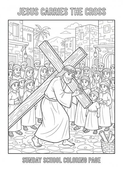 Jesus trägt das Kreuz, Ausmalbild der Kreuzwegstationen für Sonntagsschulkinder im Alter von 5-12 Jahren