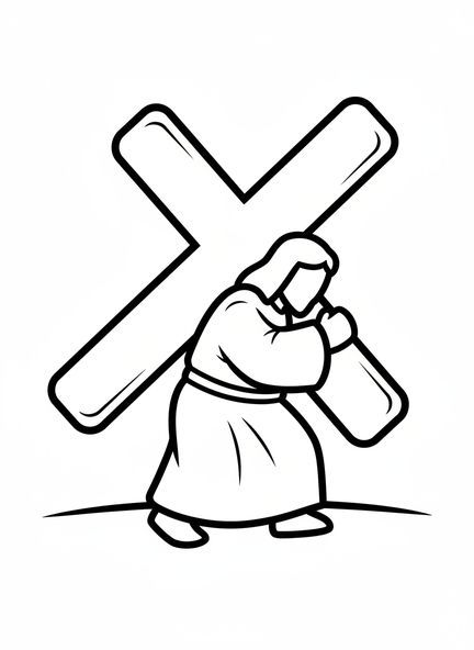 Jesús cargando una gran cruz, página para colorear de las Estaciones de la Cruz para niños de 2 a 3 años.
