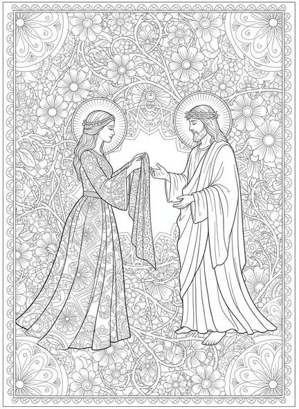 Veronika mit ihrem Schleier, Ausmalbild von Veronika für Erwachsene im Stil des Bibel-Journalings.