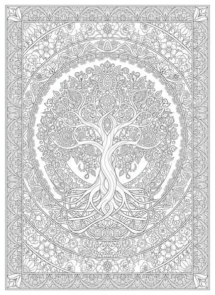 Majestuoso Árbol de la Vida, página para colorear del Árbol de la Vida estilo journaling bíblico para adultos.
