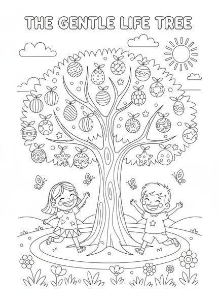 Dos niños jugando cerca de un gran Árbol de la Vida, página para colorear del Árbol de la Vida para niños de 5 a 10 años.