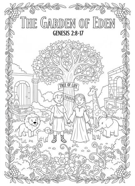 Página para colorear de Adán y Eva, Árbol de la Vida para niños de la Escuela Dominical de 5 a 12 años.