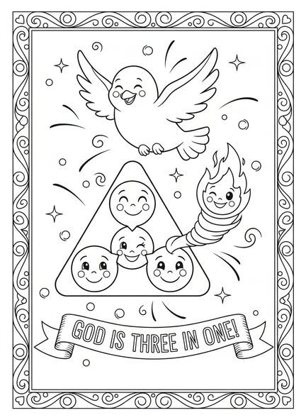 Drei Symbole, die die Dreifaltigkeit darstellen, Ausmalbild der Dreifaltigkeit für Kinder im Alter von 5-10 Jahren