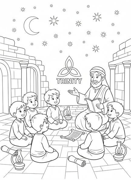 Groupe d'enfants apprenant, page à colorier sur le symbole de la Trinité pour les enfants de l'École du dimanche âgés de 5 à 12 ans