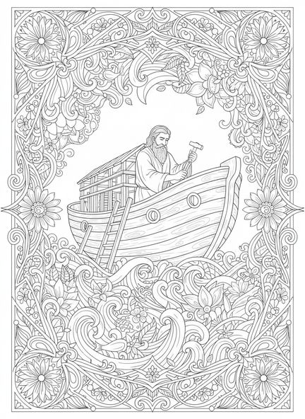 Noé construisant l'arche, page à colorier sur le thème de la confiance pour adultes dans le style du journal biblique.