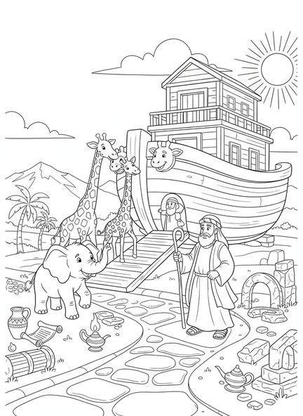 Paire d'éléphants montant à bord, page de coloriage sur le thème de la confiance pour les enfants de l'École du dimanche âgés de 5 à 12 ans.