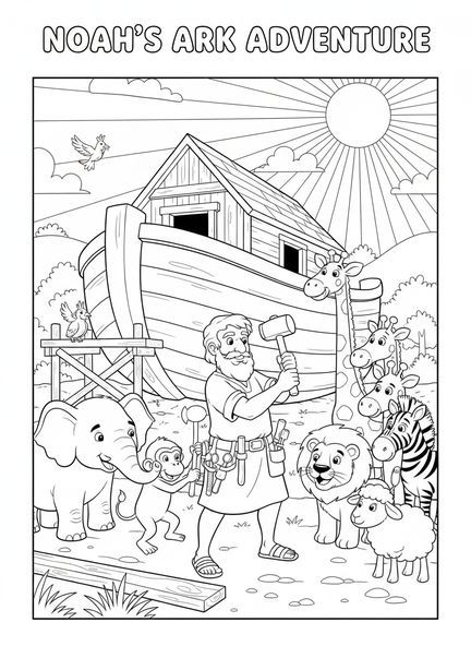 Noé construisant l'arche, page à colorier sur la confiance pour les enfants de 5 à 10 ans